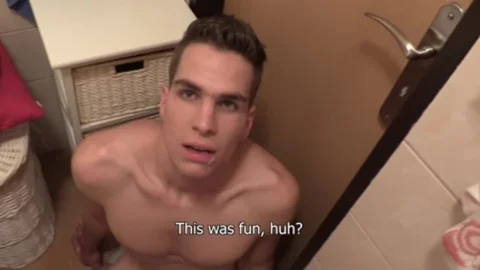 Very tall teenager pounds in bathroom